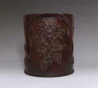 Perfect Antique Chinese Carved Rosewood Brush Pot With Dragon - 30cm