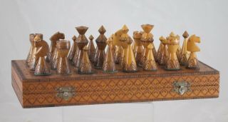Vtg Folk Tramp Art Carved Wood Chess Set Board Pyrogravure Wood - Burning Cones