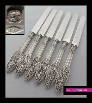 Puiforcat Antique French All Sterling Silver Dessert Knives Set 6pc Renaissance
