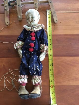 Antique old CLOWN child doll paper mache papier head wooden marionette puppet 12