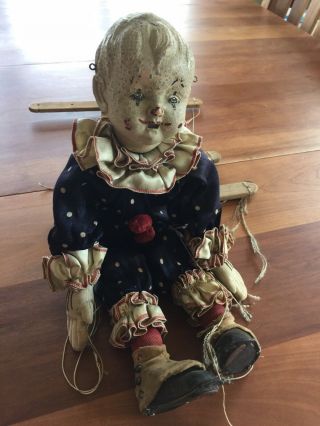 Antique old CLOWN child doll paper mache papier head wooden marionette puppet 2