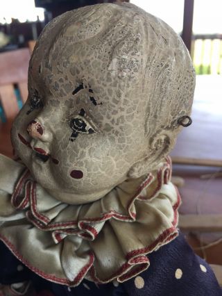 Antique old CLOWN child doll paper mache papier head wooden marionette puppet 3