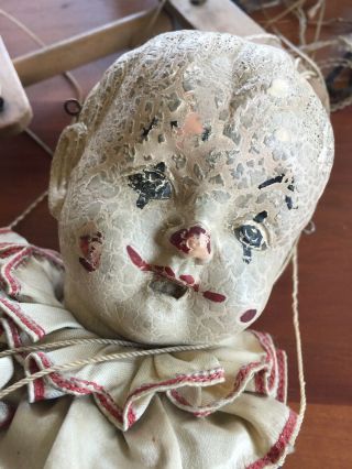 Antique old CLOWN child doll paper mache papier head wooden marionette puppet 5