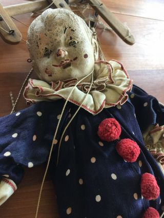 Antique old CLOWN child doll paper mache papier head wooden marionette puppet 8