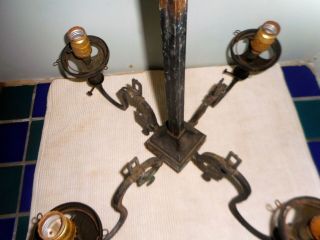 True Antique Vintage 4 Lite Brass Mission Chandelier ca 1910 Craftsman Bungalow 8