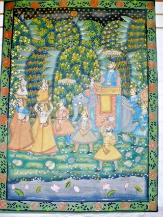 Antique Indian Pichwai Painting On Fabric Cloth 46 " Mughal India Elephant Maiden