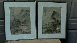 Pair Antique19c Chinese Watercolor On Silk Painting Of Village W/mountain Scene