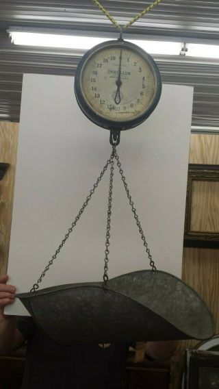 Antique Chatillon 40 Lb.  Hanging Produce Scale With Galvanized Scoop Pan