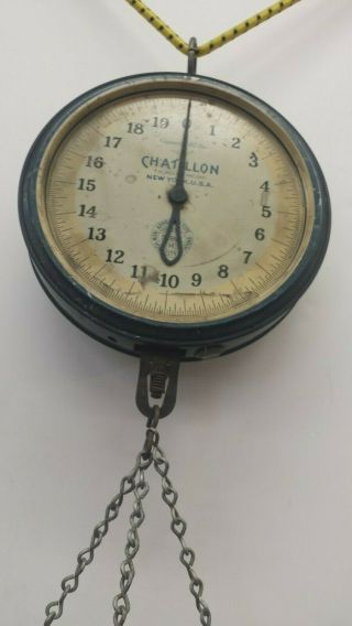 Antique CHATILLON 40 lb.  Hanging PRODUCE SCALE with Galvanized Scoop Pan 3