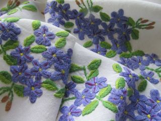 Vintage Hand Embroidered Tablecloth 52 " X50 " - Sweet Violet Floral 