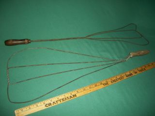 2 Vintage Twisted Wire Wooden Handle Primitive Rug Beaters - 28” & 25” Long