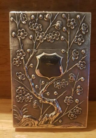 Antique 19thc Chinese Export Solid Silver Exceptional Card Case Wang Hing C.  1890