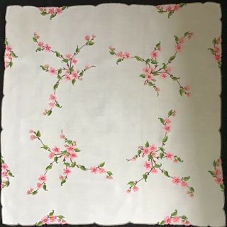 GORGEOUS VINTAGE LINEN HAND EMBROIDERED TABLECLOTH TRAILING PINK BLOSSOMS 12