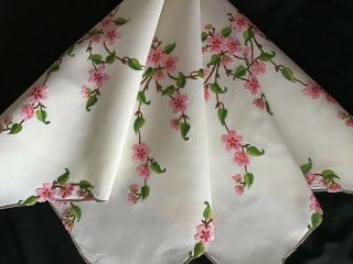 Gorgeous Vintage Linen Hand Embroidered Tablecloth Trailing Pink Blossoms