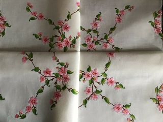 GORGEOUS VINTAGE LINEN HAND EMBROIDERED TABLECLOTH TRAILING PINK BLOSSOMS 5