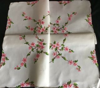 GORGEOUS VINTAGE LINEN HAND EMBROIDERED TABLECLOTH TRAILING PINK BLOSSOMS 9