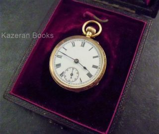 Antique 14ct Gold Open Face Keyless Top Wind Fob Pocket Watch & Box