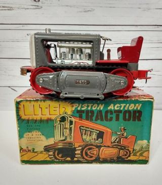 Vtg Nomura Japan Showa Lited Piston Action Tin Tractor Toy 1950’s W/box