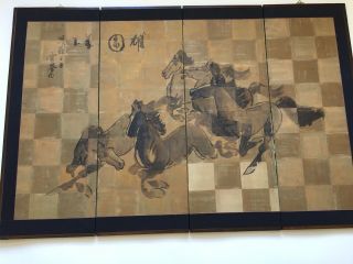 Chinese Watercolor On Paper Folding Screen Horses Gold Black
