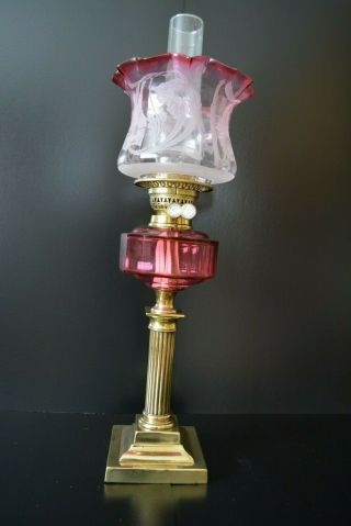 Victorian Twin Burner Oil Lamp Cranberry Font