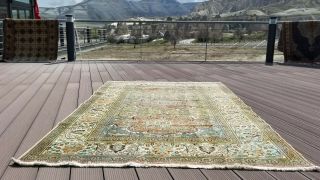 Vintage 1970 ' s Muted Olive Green Color Wool Pile Bunyan Rug 4x6ft 2