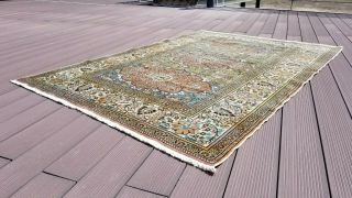 Vintage 1970 ' s Muted Olive Green Color Wool Pile Bunyan Rug 4x6ft 7