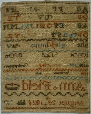 SMALL EARLY 19TH CENTURY ALPHABET & TRIPLE CROWN SAMPLER BY ANN FIELD - 1825 12