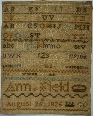 Small Early 19th Century Alphabet & Triple Crown Sampler By Ann Field - 1825