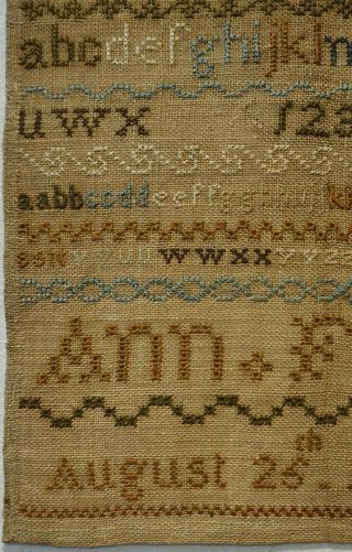 SMALL EARLY 19TH CENTURY ALPHABET & TRIPLE CROWN SAMPLER BY ANN FIELD - 1825 6