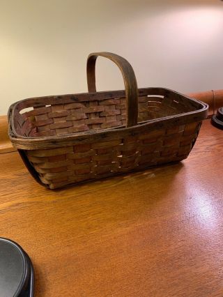 Early England Antique Primitive Oak Splint Large Gathering Basket Dark Brown