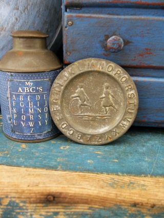 Tiny Antique Tin Abc Alphabet Plate Children W Hoops