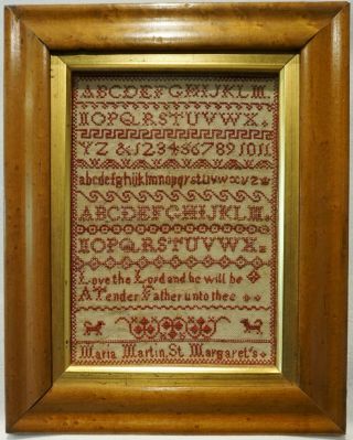 Small Mid 19th Century Red Stitch Work Alphabet Sampler By Maria Martin - C.  1845