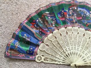 ANTIQUE CHINESE HAND FAN - double sided - lacquered wooden box 3