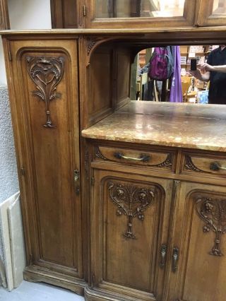 Circa 1900 French Walnut & Marble Hand Carved Art Nouveau Sideboard Buffet 4