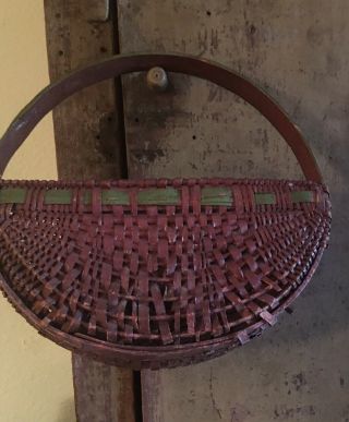 19th C Early Antique Half Melon Hanging Wall Basket,  Old Red With Green