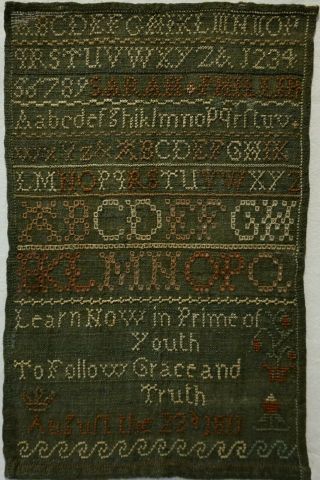 Small Early 19th Century Alphabet & Verse Sampler By Sarah Phillips - 1811