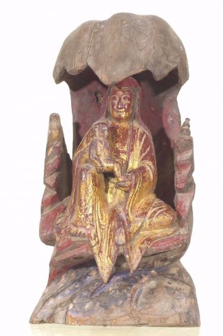 Antique/vintage Chinese Red Gold Wood Statue Figure Kwan Yin,  Republican Pe -,  1936