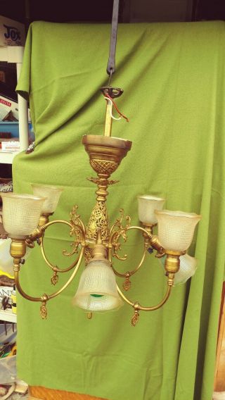 Gas Electric Chandelier 1890s Brass 8 Arm Ornate