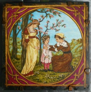 Copeland 7 " Art Nouveau Tile Painted Mother Child And Nurse Amid Flowering Trees