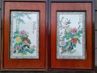 Estate Old House Chinese Antique 567 Porcelain 2x Plaques Screens Asian China