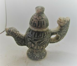 Ancient Sasanian Stone Ewer Vessel With Ram Head Terminals Very Rare