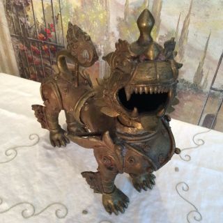 Antique Chinese Tibetan Bronze Foo Dog Mythological Lion 9
