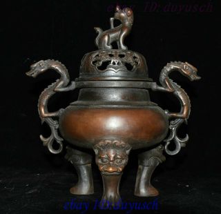 10 " Old China Pure Copper Bronze Dragon Lion Beast Statue Incense Burner Censer