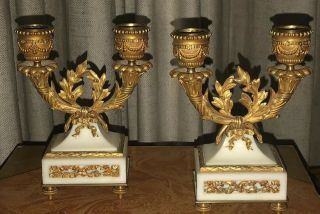 Antique French Neoclassical White Marble/ Gilt Bronze Small Double Candleholders