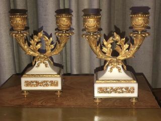 Antique French Neoclassical White Marble/ Gilt Bronze Small Double Candleholders 2