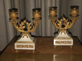 Antique French Neoclassical White Marble/ Gilt Bronze Small Double Candleholders 3