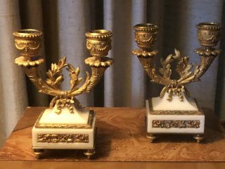 Antique French Neoclassical White Marble/ Gilt Bronze Small Double Candleholders 4