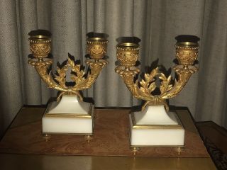Antique French Neoclassical White Marble/ Gilt Bronze Small Double Candleholders 5