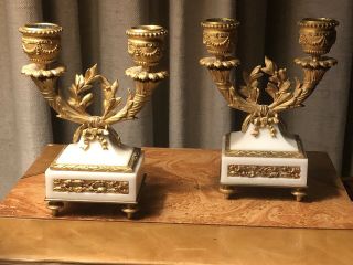 Antique French Neoclassical White Marble/ Gilt Bronze Small Double Candleholders 6