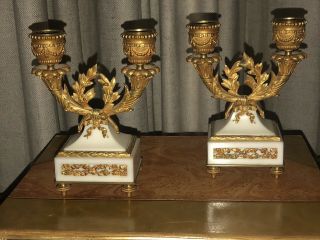 Antique French Neoclassical White Marble/ Gilt Bronze Small Double Candleholders 8